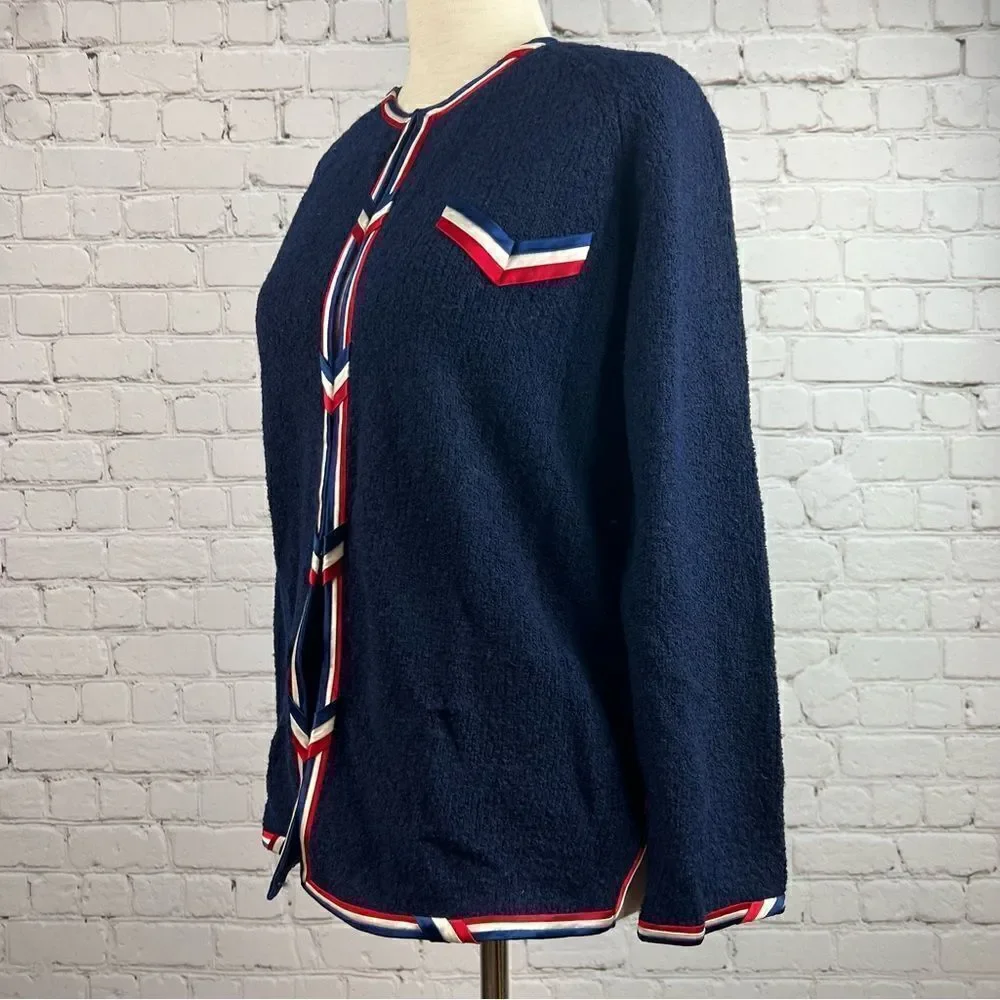 Vintage Cyntotles Americana Patriotic Nautical Cardigan Navy, w/ Red/White Trim